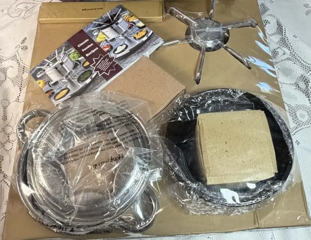 NIB Rotating Hoffritz Deluxe 18/10 Stainless Steel Fondue Set w/6 Forks  #402067